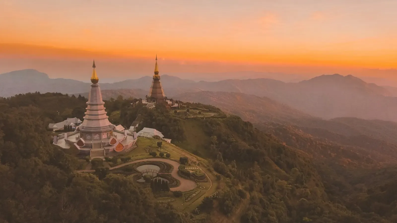 Aerial view of the two royal pagodas on the ridge at sunset