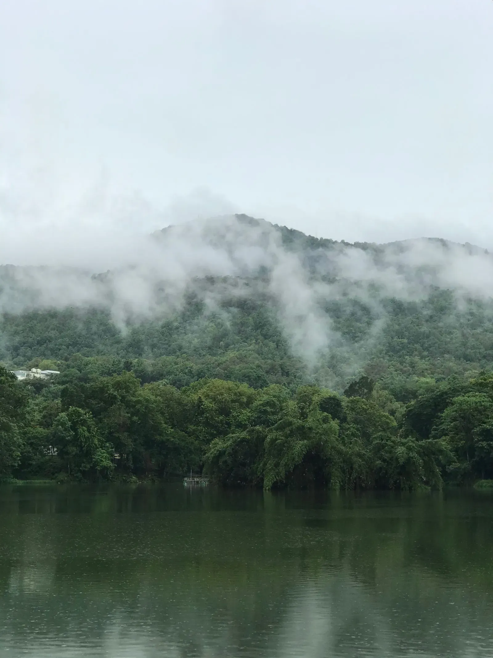 Mist over a forested mountain above a still lake