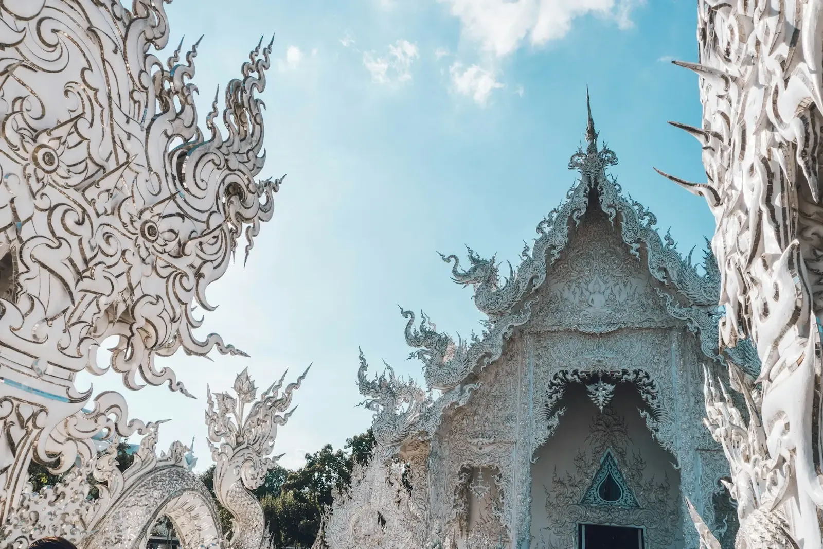 The ornate white gable of the main hall