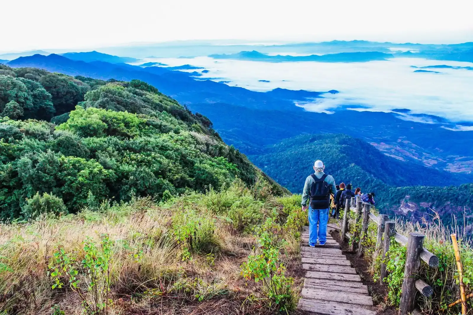 A hiker on a railed trail above a sea of clouds, seen from behind