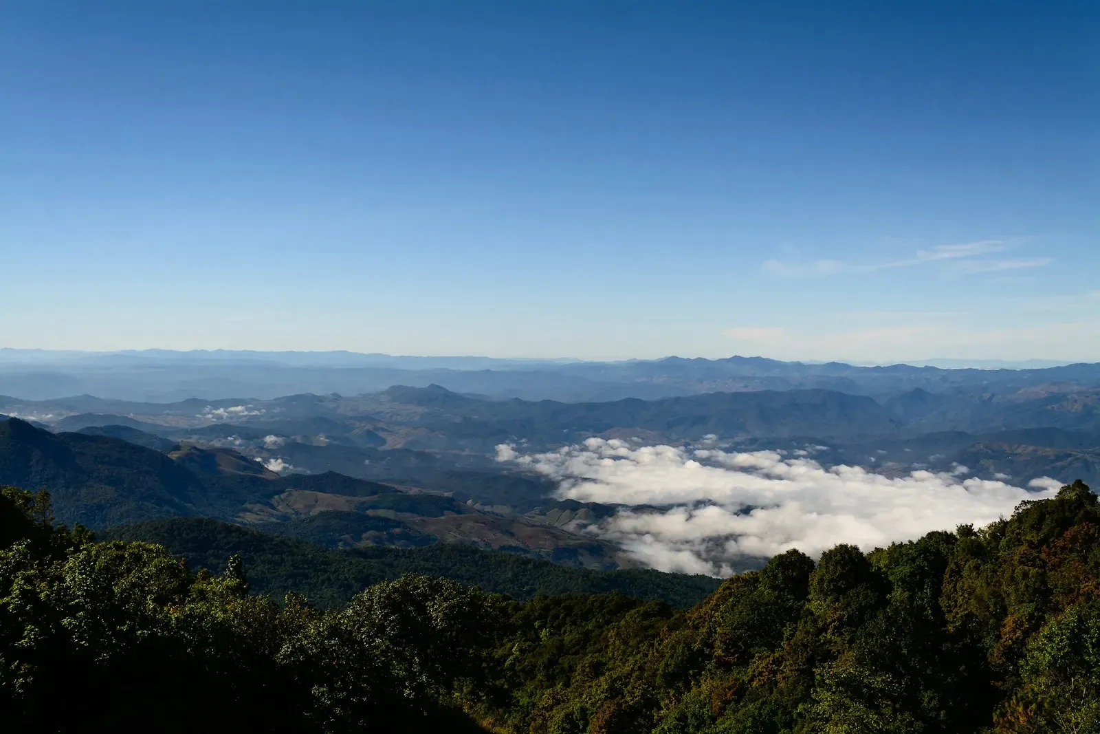 A sea of cloud below forested ridges on Doi Inthanon in the morning